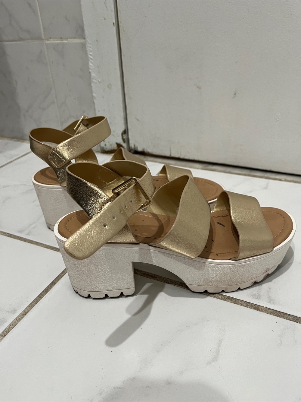 Soda Metallic Gold Platform Sandals with White Lug Sole
